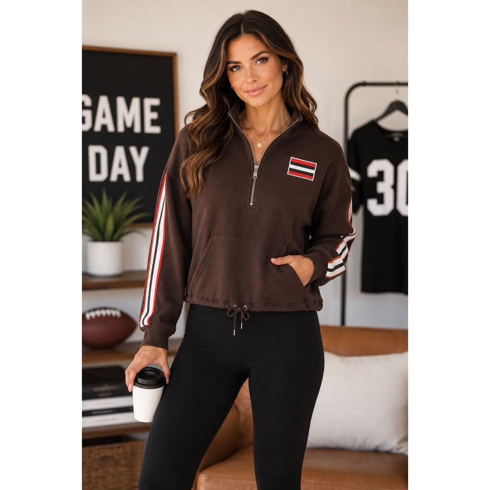 WEAR by Erin Andrews Brown Quarter Zip Pullover XL Striped Sleeve Sweatshirt